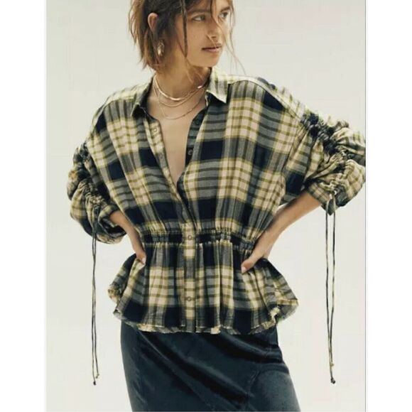 Free People Pacific Dawn Plaid Shirt Black Combo Size X Small MSRP: $178 - Picture 1 of 13